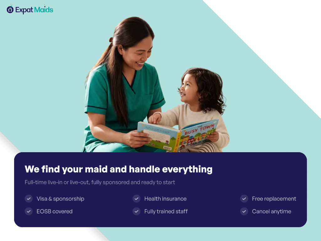 Expat Maids full-time maid service in Dubai with visa sponsorship, health insurance, training and replacement support.